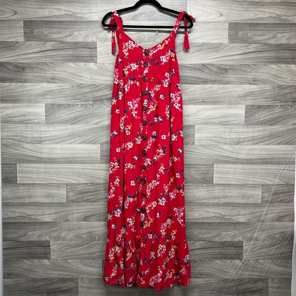 Isabel Maternity Maxi Dress Women's S Red Floral Sleeveless Smocked Button Front